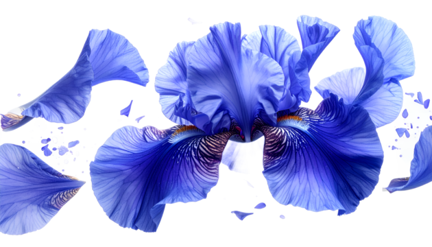 Dynamic blue iris blossom with gracefully scattering petals, an ethereal and vibrant floral composition capturing nature's delicate beauty and luminous artistry