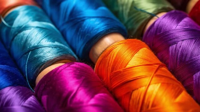 Close up of colorful thread spools for textile manufacturing or crafting