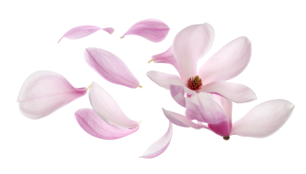 Delicate Pink Magnolia Blossom and Scattered Petals Gracefully Isolated on White, Capturing the Essence of Spring's Freshness and Serene Floral Beauty