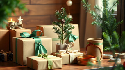 A heartwarming display of wrapped Christmas gifts adorned with elegant green ribbons, creating a festive and cozy holiday atmosphere perfect for joyful celebrations