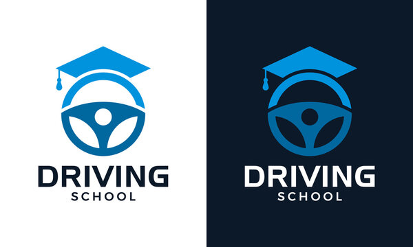 Driving school logo design template illustration. Steering wheel concept vector design with Graduate hat symbol graphic icon