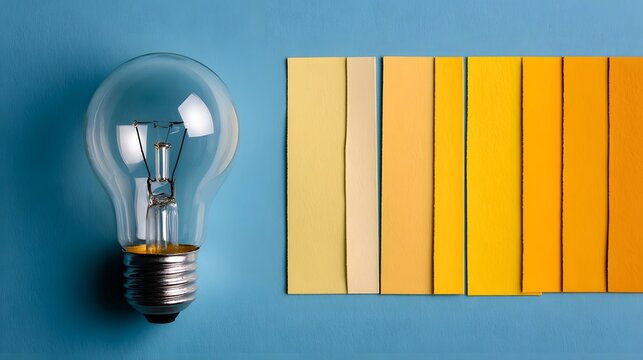 Lightbulb and Color Swatches on Blue Background.