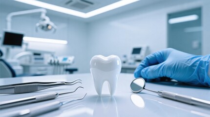 Dentist table with white tooth model and steel medical tools in modern clinic office during checkup appointment