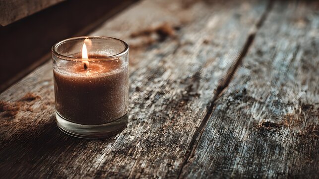 Lit Candle in Glass Jar on Rustic Wooden Table. - Powered by Adobe