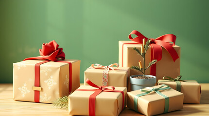 Festive gift boxes with red ribbons and a small plant, perfect for holiday celebrations and special occasions