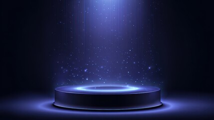 Vector abstract illustration. Neon light glow podium with light spot from above and sparkles around on dark background.