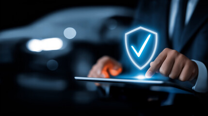 Digital security concept with man using tablet and shield icon