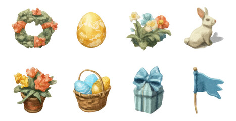 Decorative Spring Festival Objects Featuring Pastel Wreath, Egg, and Floral Arrangements