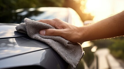 Man wiping car with grey microfiber rag outdoors, closeup