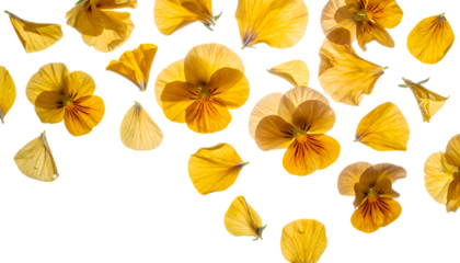 Vibrant yellow and orange pansy petals scattered elegantly across a pure white canvas, evoking a delicate and cheerful natural beauty for spring and summer designs