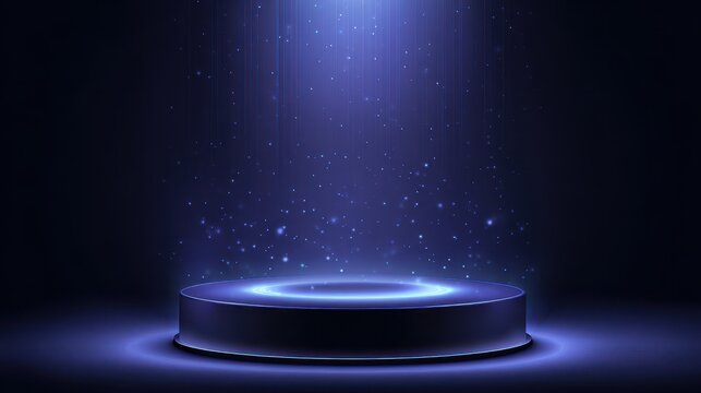 Vector abstract illustration. Neon light glow podium with light spot from above and sparkles around on dark background.