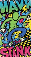Vibrant grunge art poster of a stylized skateboarder catching a dynamic wave of street energy
