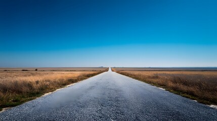 Long straight road stretching into the horizon under a clear blue sky.