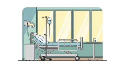 Hospital Bed in Empty Patient Room with Medical Equipment and Large Windows