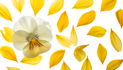 White and purple pansy blossom delicately centered, surrounded by a vibrant scattering of yellow petals on a pristine white background, creating a fresh and artistic spring composition