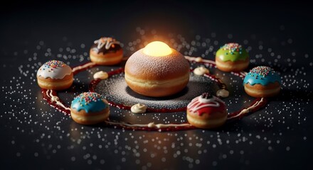 Gourmet glowing donut surrounded by an array of colorful mini doughnuts on a dark background