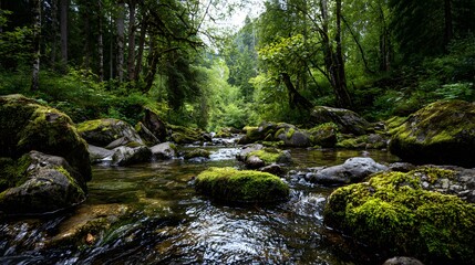 Obraz premium Lush Green Forest Stream with Mossy Rocks and Clear Water.
