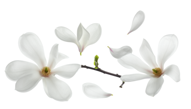 Elegant white magnolia blooms in full splendor with gracefully falling petals, evoking a sense of calm beauty and the gentle arrival of spring, isolated on a clean background