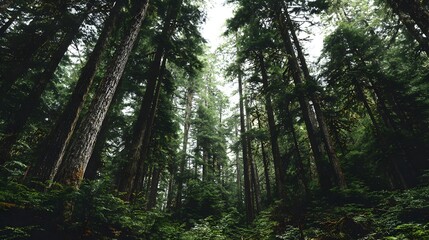 Obraz premium Lush green forest with tall trees reaching towards the sky, creating a serene and natural environment.