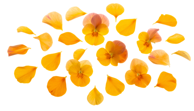 An assortment of bright orange flower petals and pansies scattered against a pure white background, creating a vibrant and delicate pattern