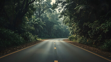 Fototapeta premium Winding Tropical Road Yellow Line Jungle Forest