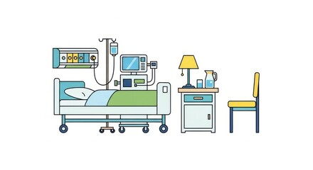 Hospital Bed with Medical Equipment in Patient Room Illustration