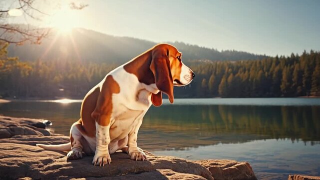 Basset hound sitting on rocks by a lake with trees and mountains in the background on a sunny day dog video