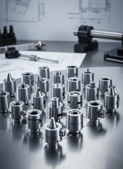 Precision machined metal components arranged neatly on a reflective surface near technical drawings