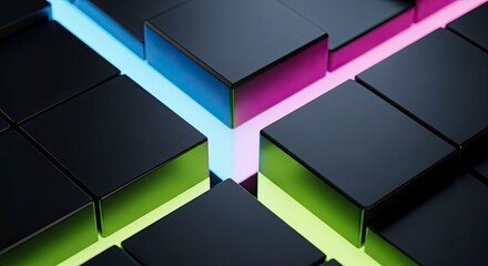 Abstract dark 3d cube pattern with vibrant neon light glowing in blue pink and green colors