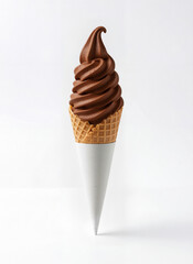 Chocolate ice cream cone standing on white background
