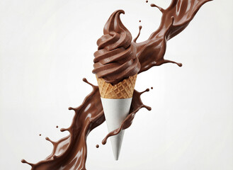 chocolate ice cream cone with liquid splash behind