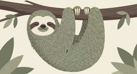 Naklejka premium A charming and peaceful illustration of a sleepy sloth hanging contentedly from a lush tree branch