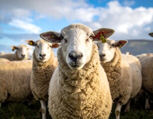 Obraz premium Close-up of a flock of sheep in a field under a cloudy sky.