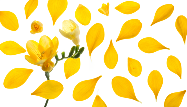 Vibrant yellow freesia flower and delicate petals scattered beautifully on a crisp white background, evoking freshness, natural elegance, and the lightness of a blooming spring garden