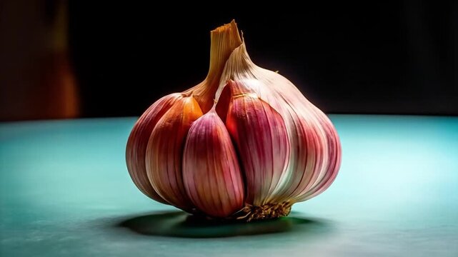 Close up of fresh garlic bulb on textured surface for culinary use