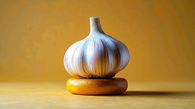 Close up of fresh garlic bulb on wooden base and yellow background