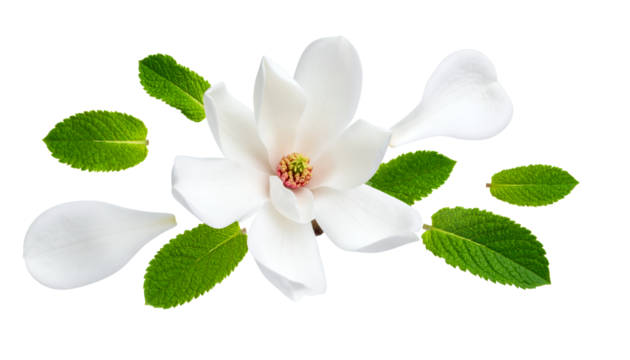 Elegant Magnolia Flower with Green Mint Leaves on White Background