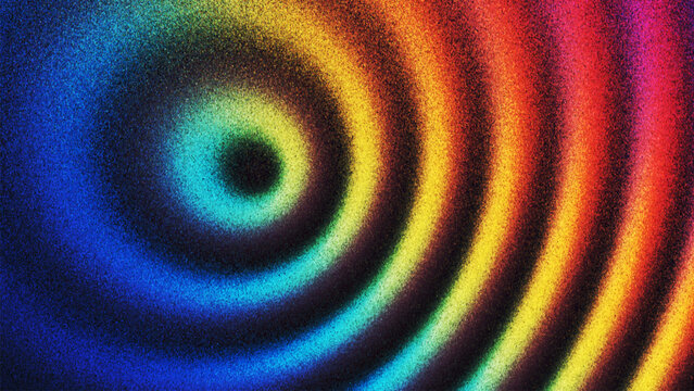 Colorful circular wave pattern forming radiant concentric rings with grainy gradient texture created from thousands of individual dots. Dynamic rainbow ripple with hypnotic rhythm of expanding waves