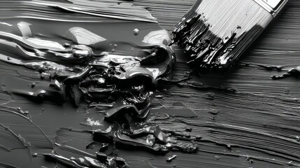 A close-up shot of a paintbrush loaded with black paint, creating dynamic splatters and swirls on a textured, dark surface. The lighting creates dramatic highli