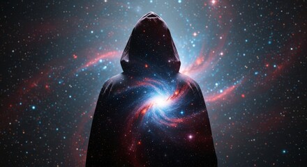 Mysterious hooded cosmic entity with a galaxy within, contemplating the vast universe