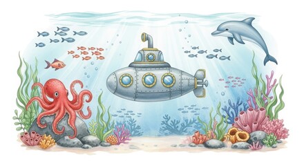Whimsical watercolor illustration of a submarine exploring a vibrant coral reef with sea creatures and fish isolated on white background