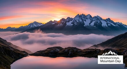 Vibrant sunrise illuminates majestic snow-capped peaks and a tranquil alpine lake, creating a breathtaking panorama perfect for International Mountain Day