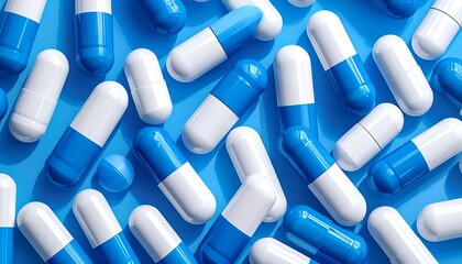 Overhead shot of numerous blue and white medical capsules on a light blue surface