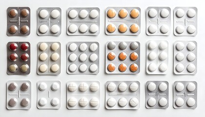 Overhead shot of numerous blister packs, containing various colored pills on a white background