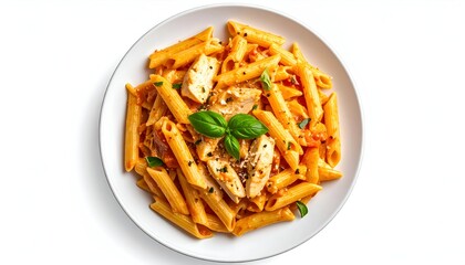 Overhead shot of pasta dish with chicken, sauce, and basil on white plate