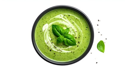 Overhead shot of creamy green soup in a black bowl, garnished with basil and swirls