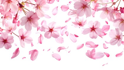 Overhead shot of delicate pink blossoms and falling petals against a bright white background