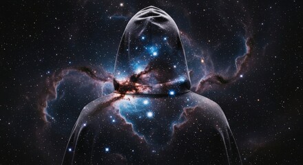 Enigmatic hooded figure composed of a vibrant galaxy, showcasing stars and nebulae within a cosmic