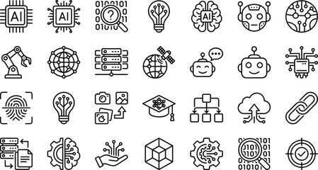 Artificial intelligence machine learning technology icons set with robotics data processing cloud computing digital network elements, cad drawing flat vector illustration