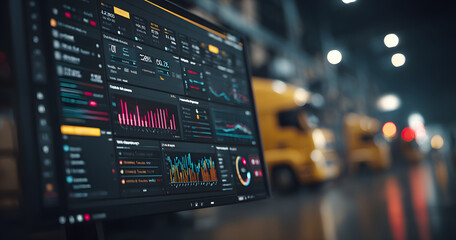 Warehouse management innovative software in computer for real time monitoring of goods package delivery . Computer screen showing smart inventory dashboard for storage and supply chain distribution .
